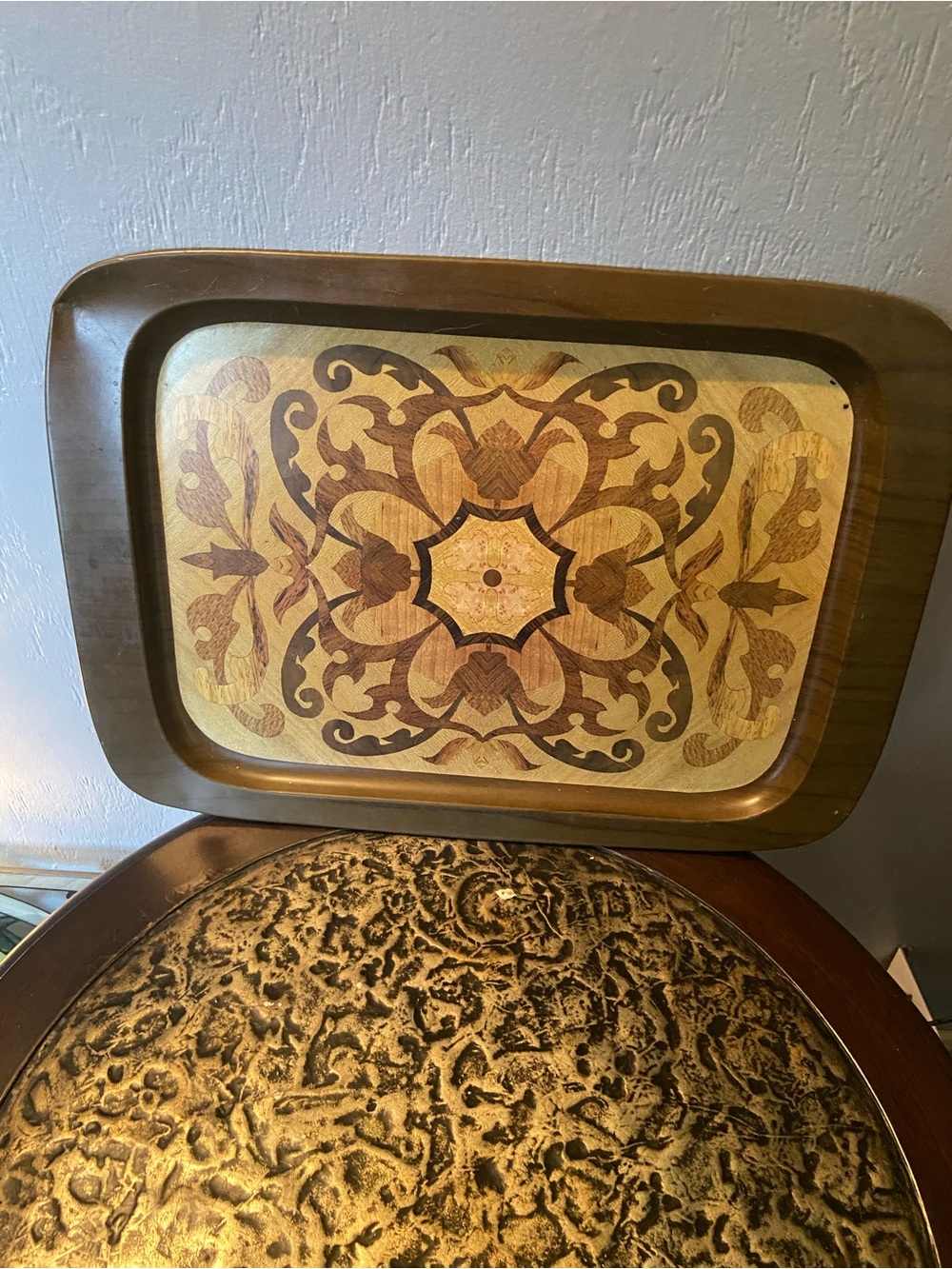 Decorative Wood Inlay Serving Tray - Brown & Tan Floral Motif